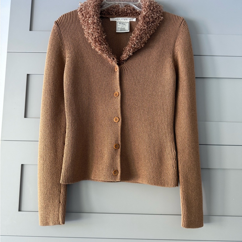 Max Studio Brown Cardigan with Plush Collar
